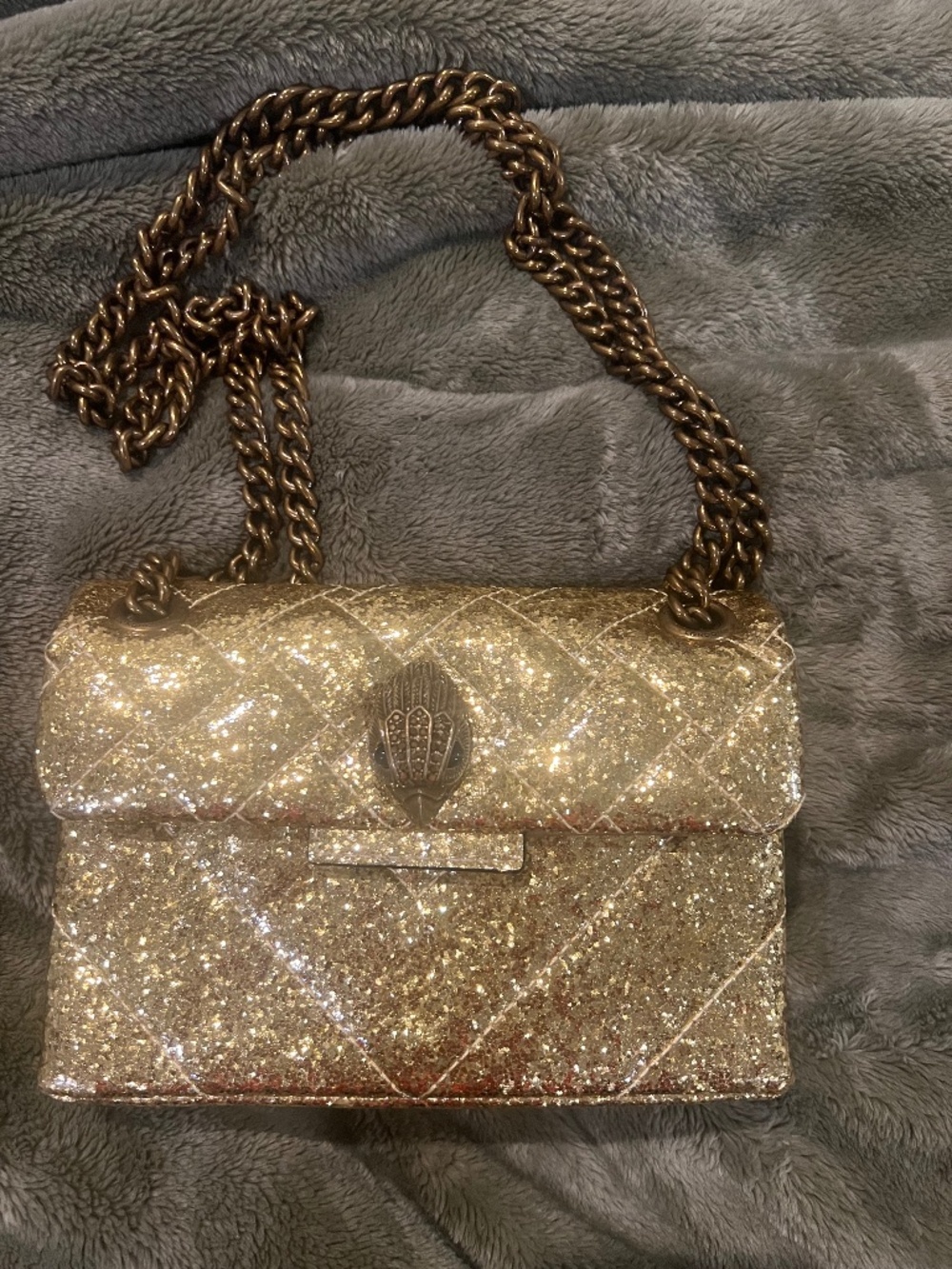 Kurt Geiger Gold Glitter Quilted Crossbody Bag with Chain Strap